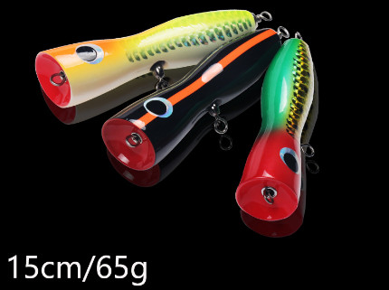 5 màu 15CM/65g gỗ mồi treble móc nước tác động lớn miệng bass đầu rắn Popper gỗ câu cá mồi
